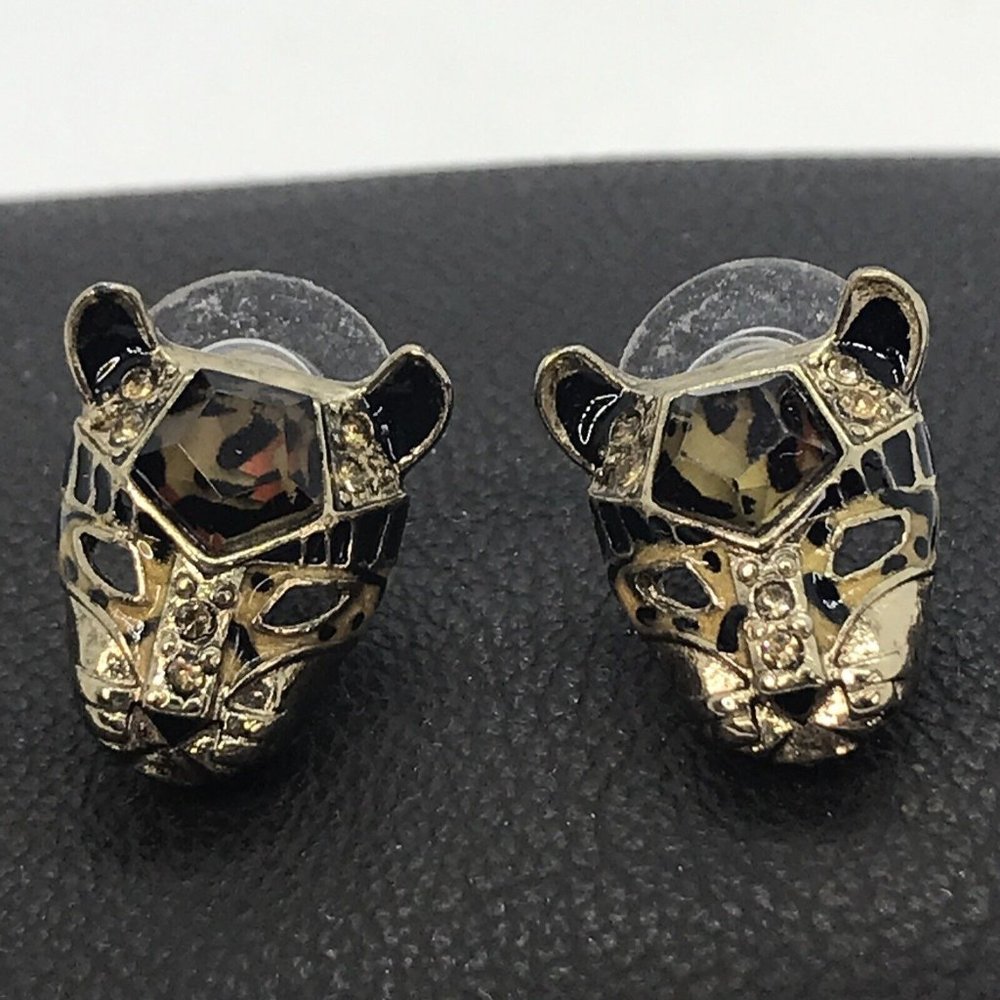 LEPOARD HEAD EARRINGS CRYSTALS SPOTS POSTS crystal studs gold tone
